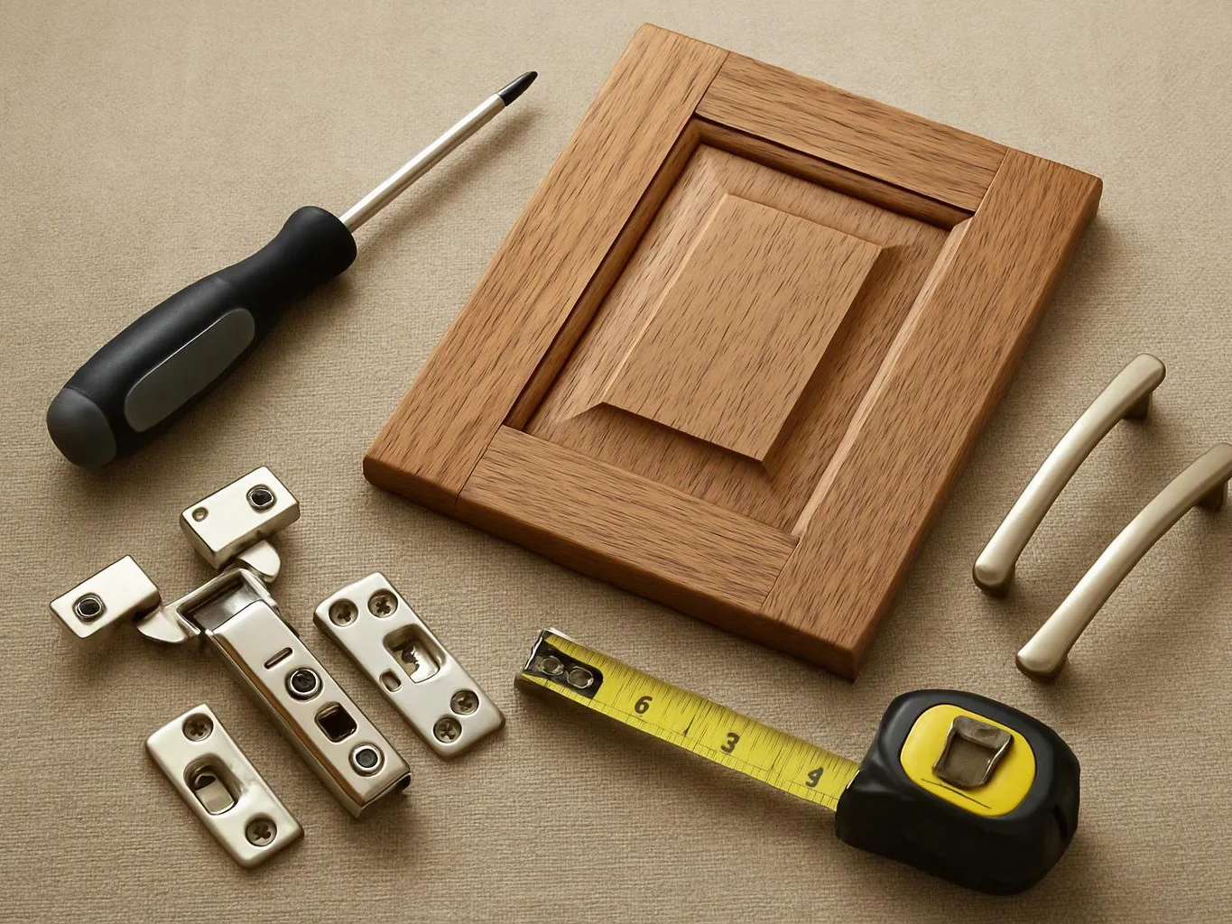 Wooden cabinet door, screwdriver, handles, hinges, and a tape measure arranged on beige fabric