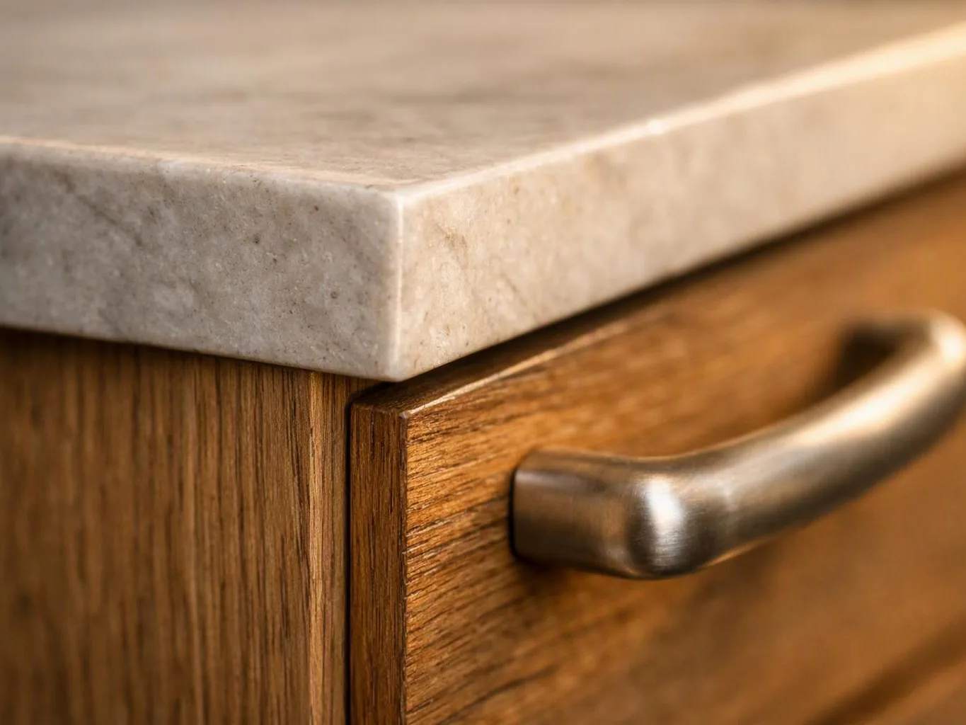 A wooden cabinet with a stone countertop and a metal handle fills the close-up view