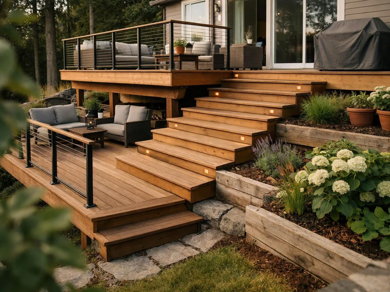 A wooden deck with stairs, outdoor seating, planters, and a covered grill sits beside a house among trees