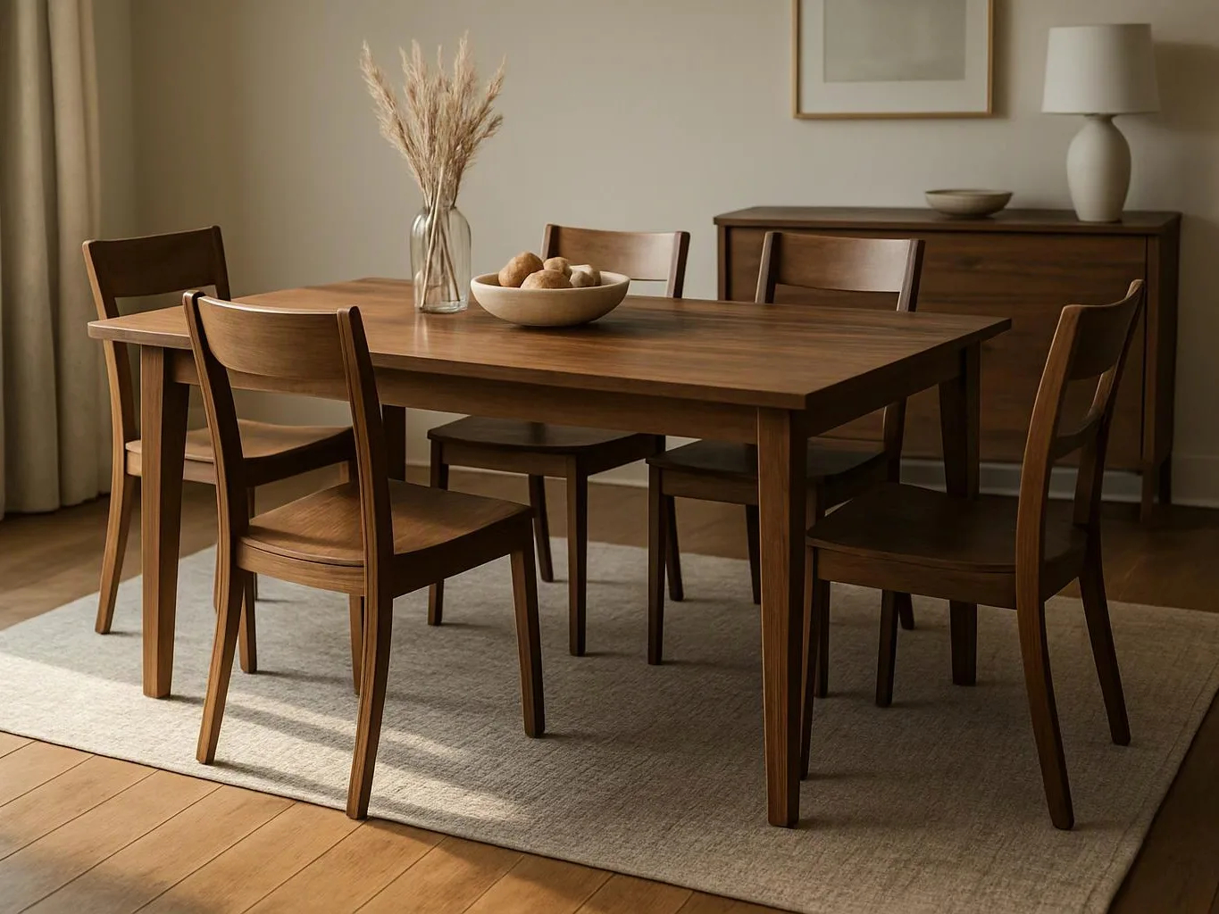 A wooden dining table with six chairs sits on a rug in a calm, sunlit room