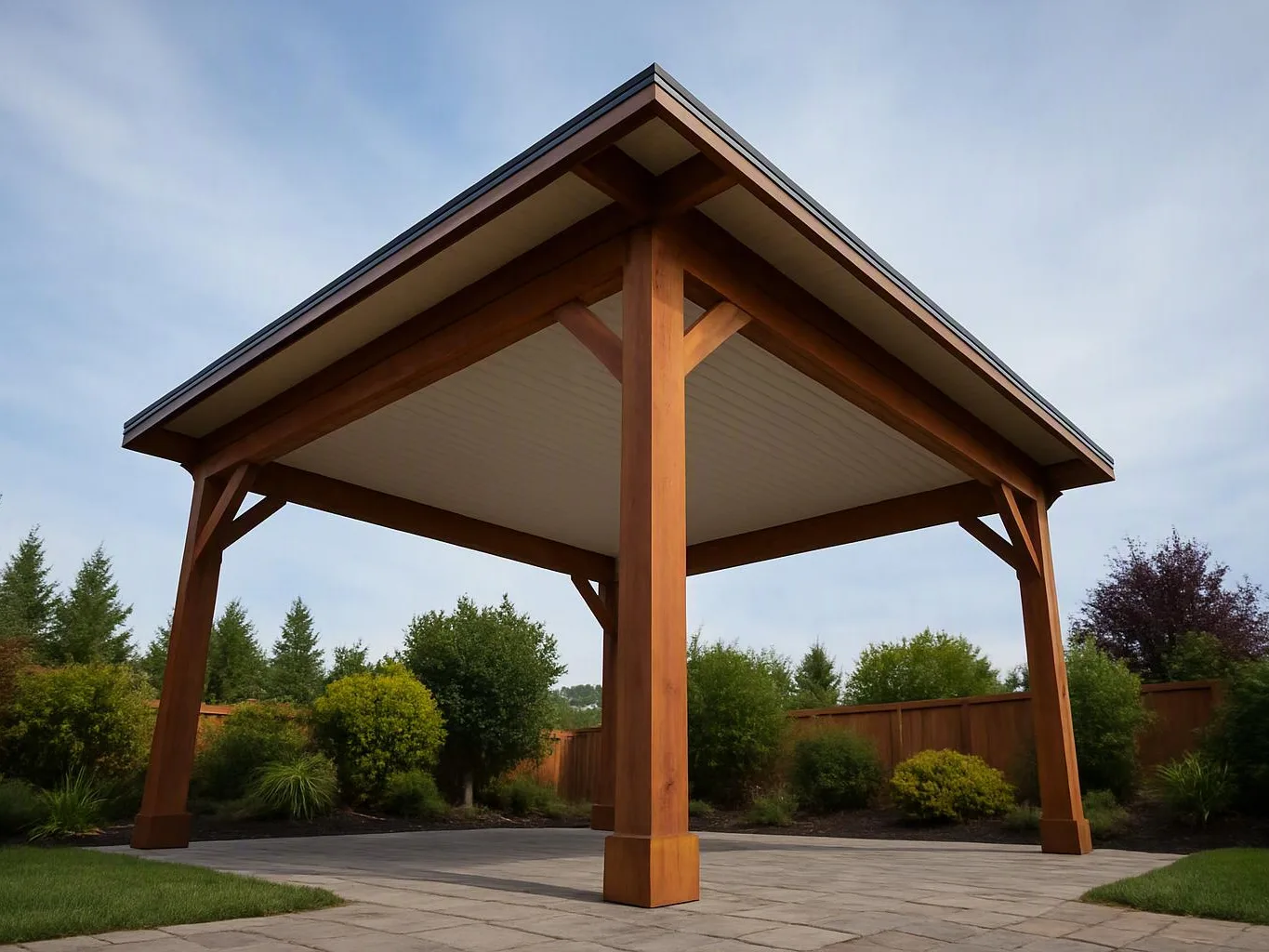 A wooden pavilion with a peaked roof stands on a paved patio beside landscaped shrubs and a fence