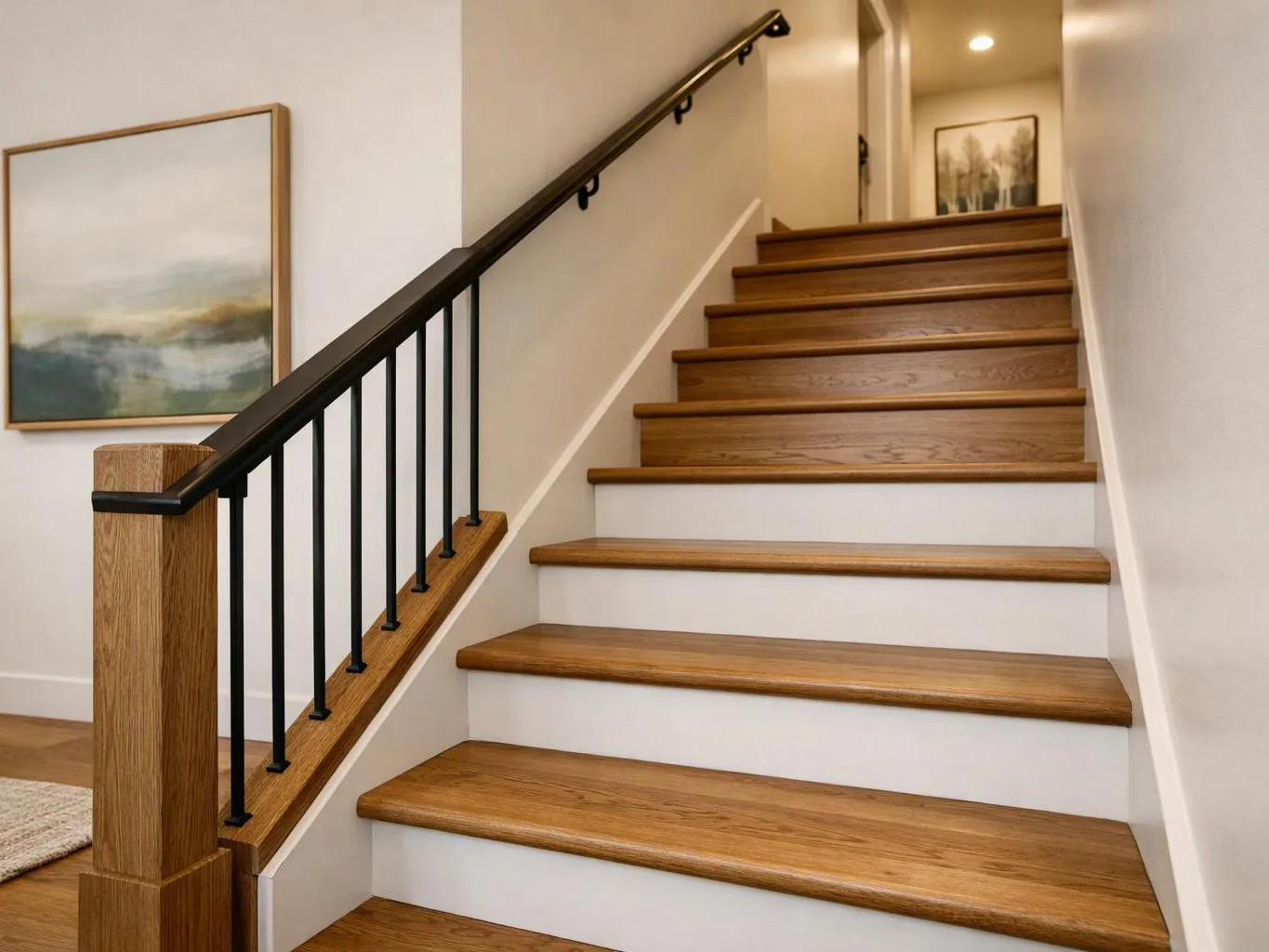 A wooden staircase with black railing rises in a bright hallway with framed wall art