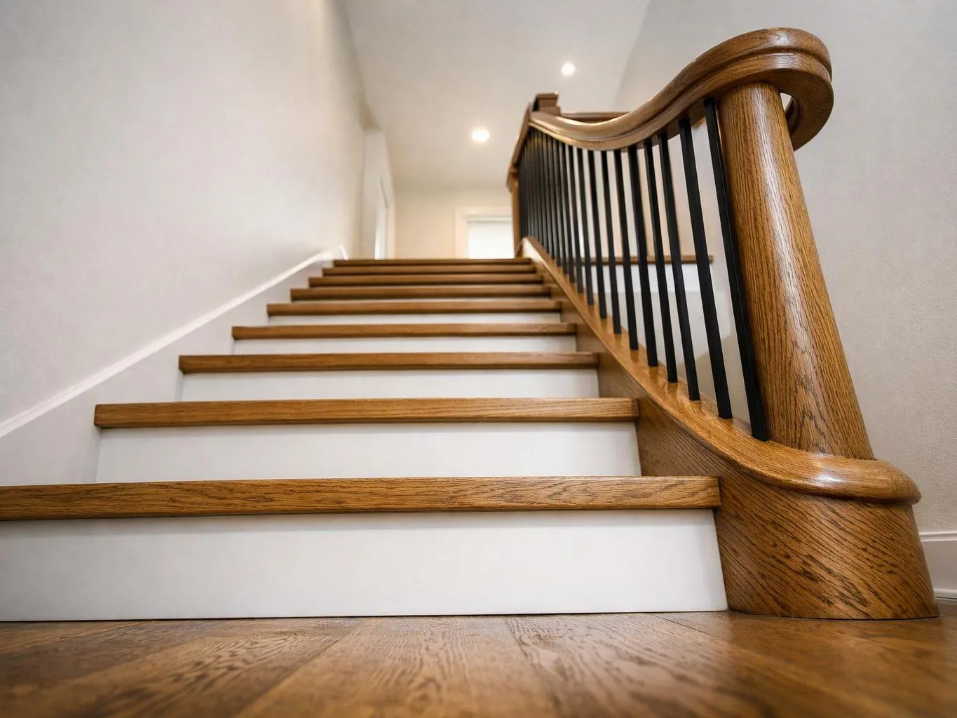 A wooden staircase with white risers rises through a bright hallway with black balusters and beige walls