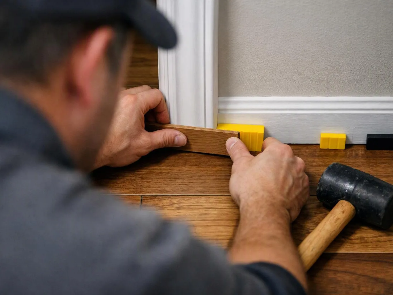 A worker adjusts a wooden floor board against a baseboard with spacers and a mallet nearby