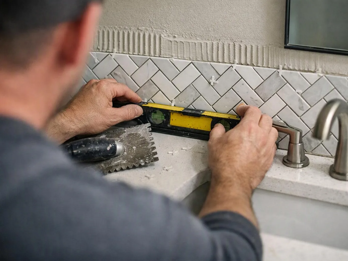 A worker levels herringbone wall tiles above a sink with a yellow spirit level in a kitchen