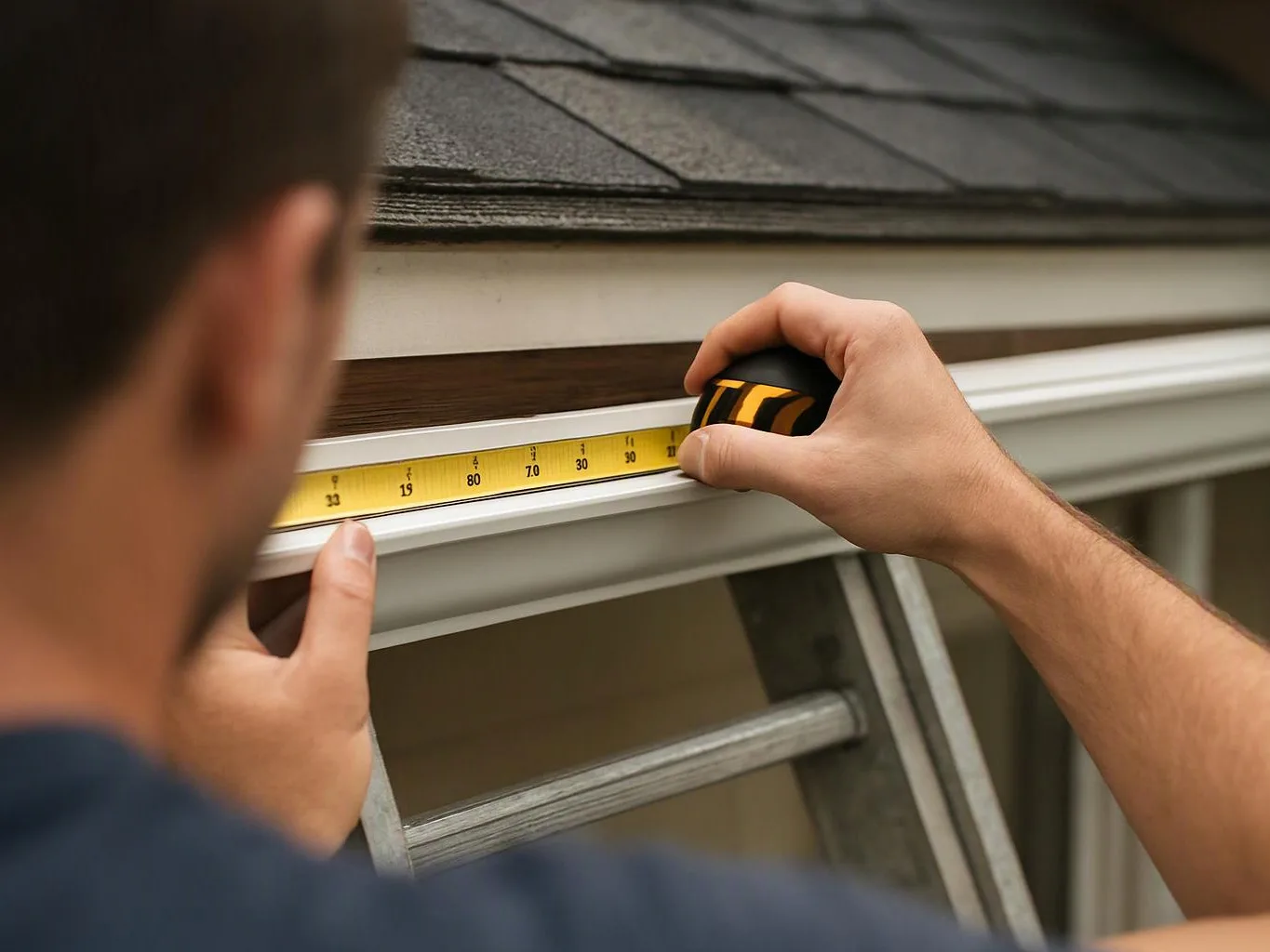 A worker measures the roof edge with a tape measure beside a ladder and gutter
