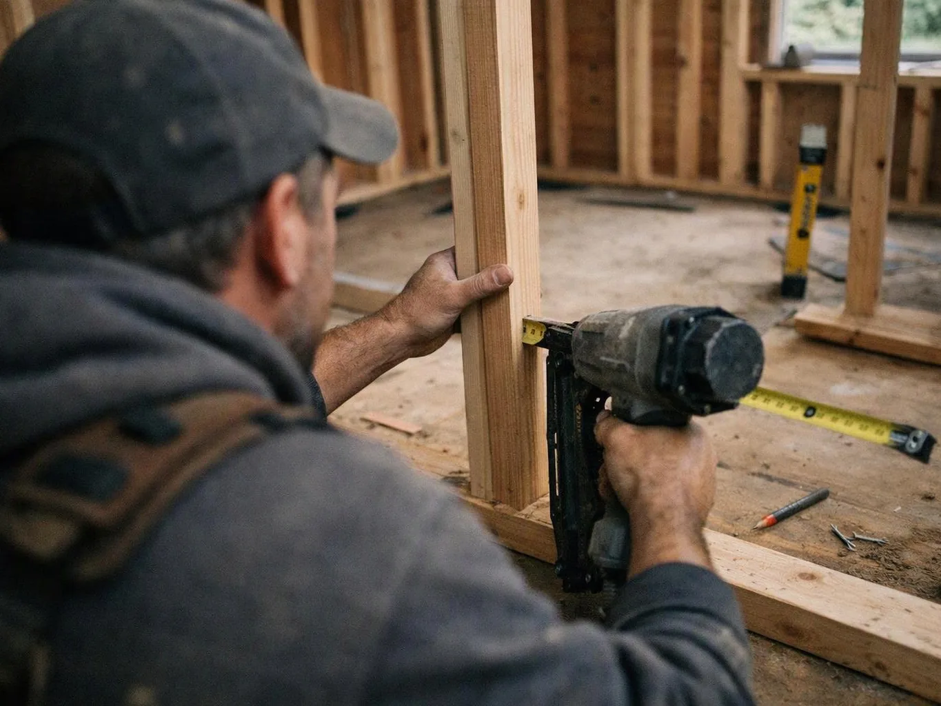 A worker nails a wooden wall frame with a power tool inside an unfinished room