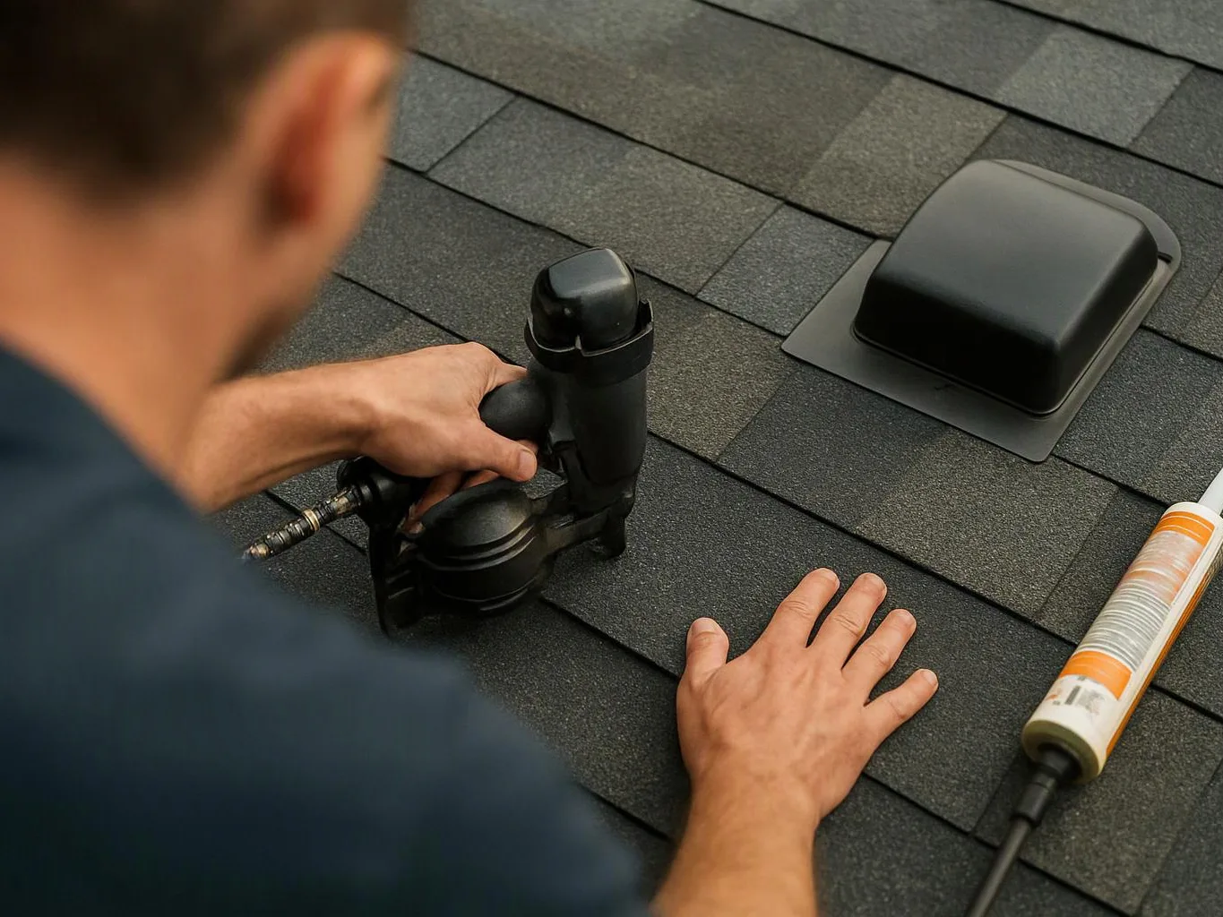A worker uses a nail gun to fasten dark roof shingles near a vent pipe and sealant tube