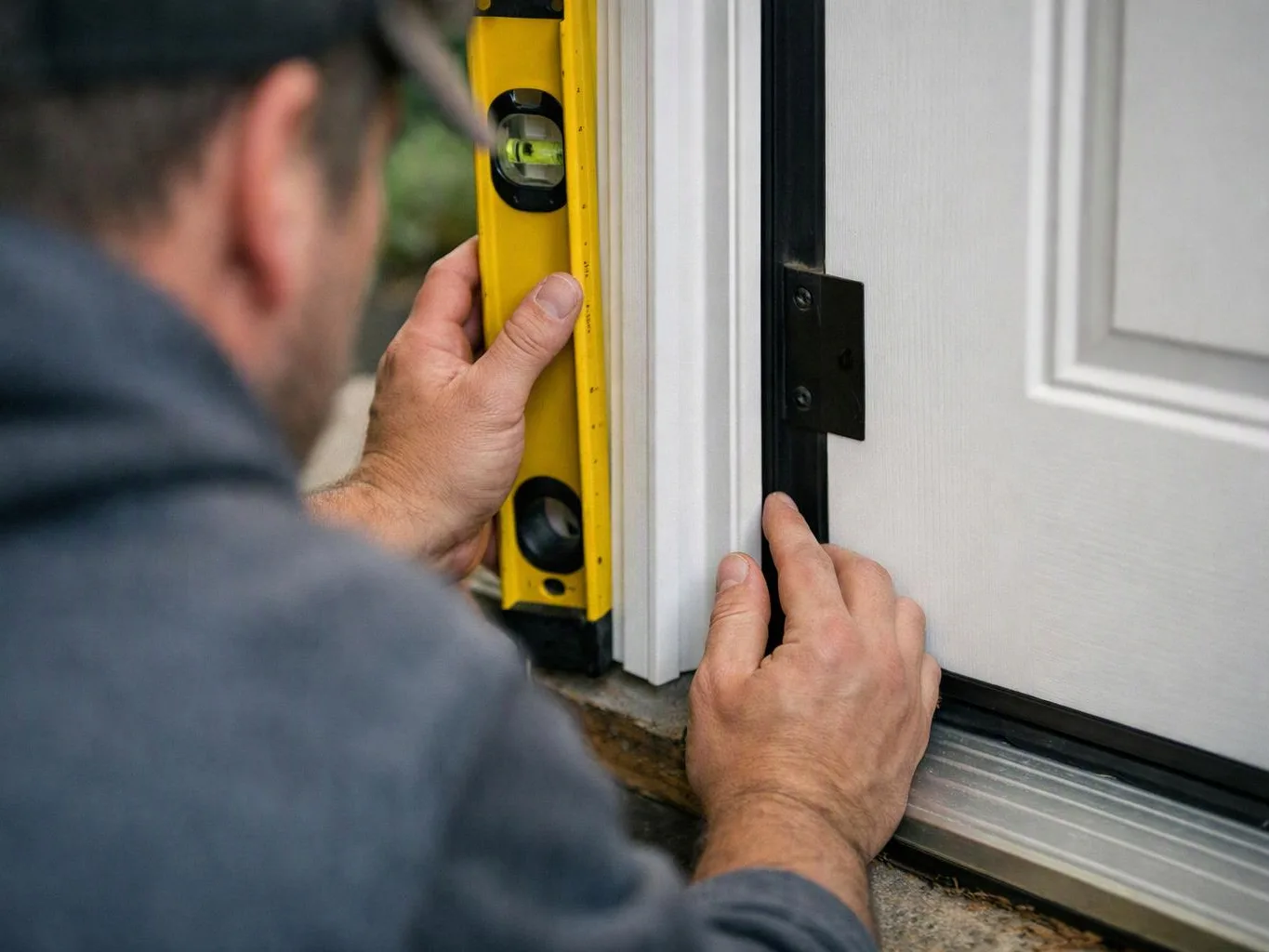 A worker uses a yellow level to align a white door in a frame